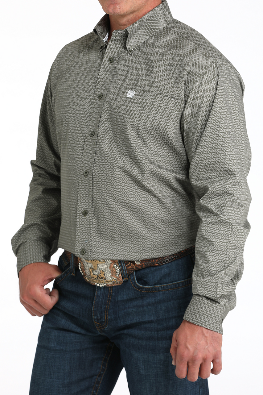 CINCH - Men LONG SLEEVE BUTTON-DOWN SHIRT, Geometric Print, Olive MTW1105981