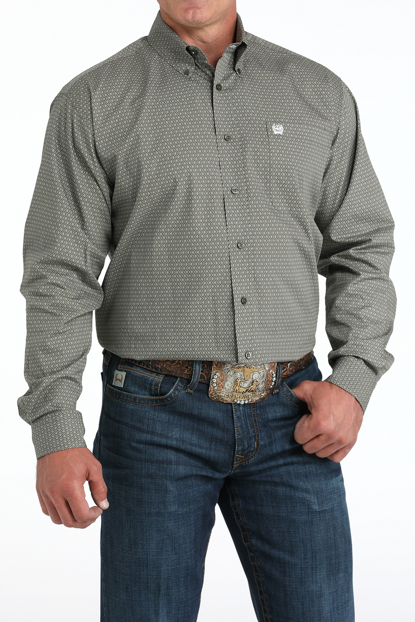 CINCH - Men LONG SLEEVE BUTTON-DOWN SHIRT, Geometric Print, Olive MTW1105981