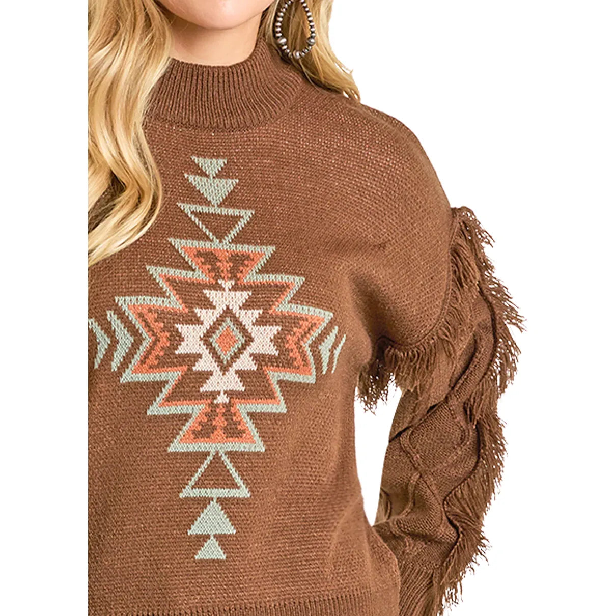 Rock & Roll Ladies Sweater, Brown Aztec Knit Fringe BW32T06961