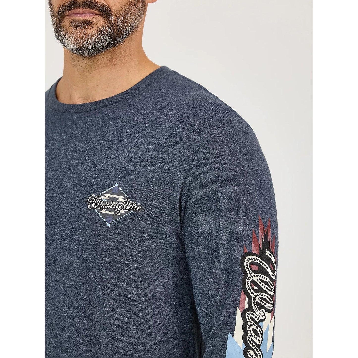 Wrangler Men's Graphic Heather Grey-Navy Long Sleeve T-Shirt 112368561