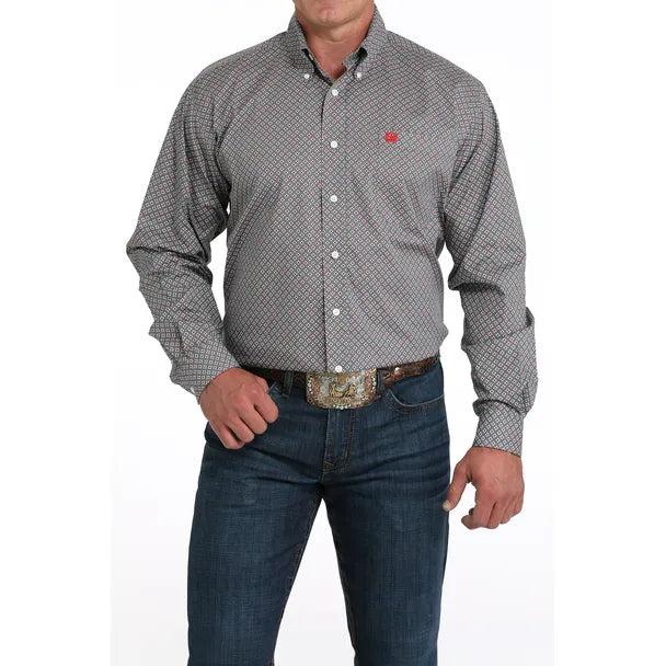 CINCH - Men LONG SLEEVE BUTTON-DOWN SHIRT, Geometric Print, Grey MTW1105985