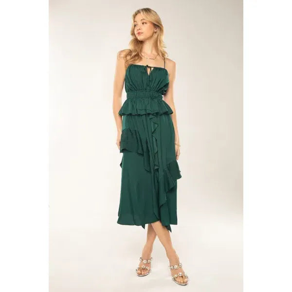 Miss Me ASYMMETRIC TIERED MIDI DRESS IN HUNTER GREEN