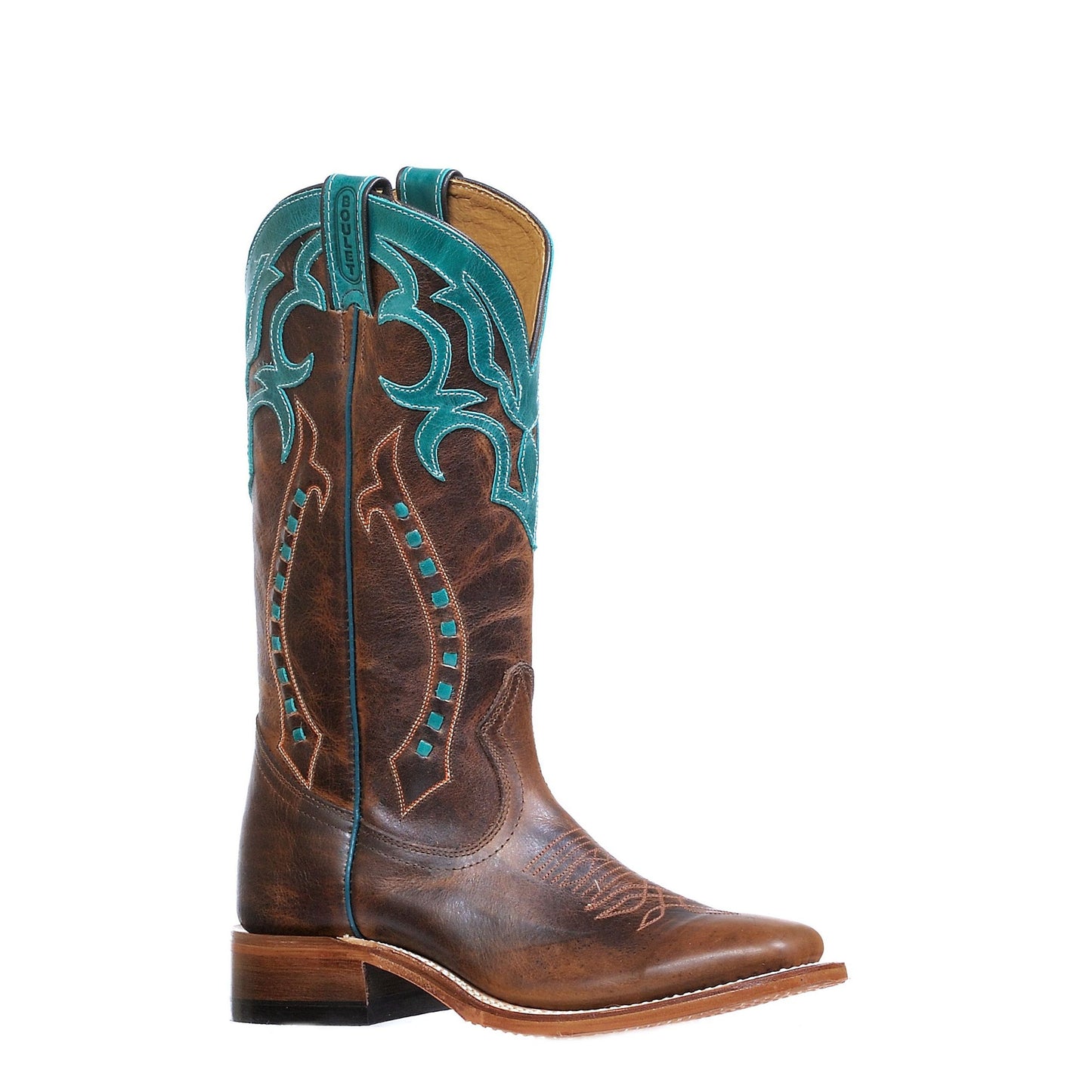 BOULET Ladies WESTERN BOOTS, Brown with Turquoise, Square Toe, 8294