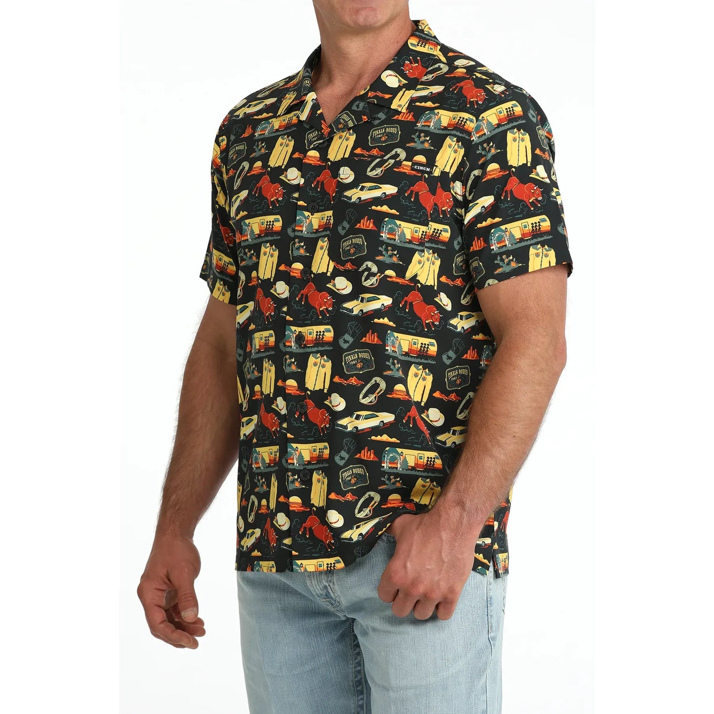 Cinch Men's Camp Short Sleeve, Finals Rodeo, Black, Button Down Shirt MTW1401057