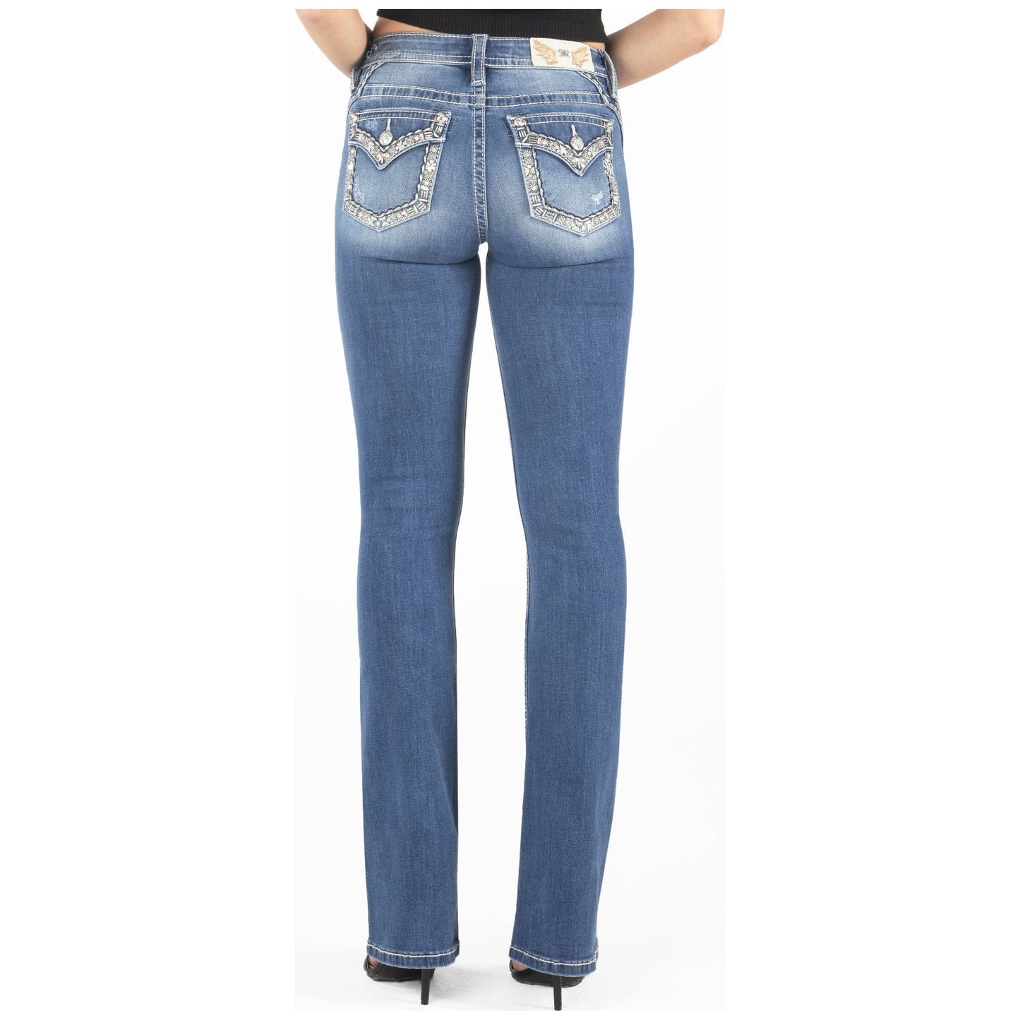 * Miss Me Ladies Jean, Bootcut - Gold Floral Stitch Border M9235B