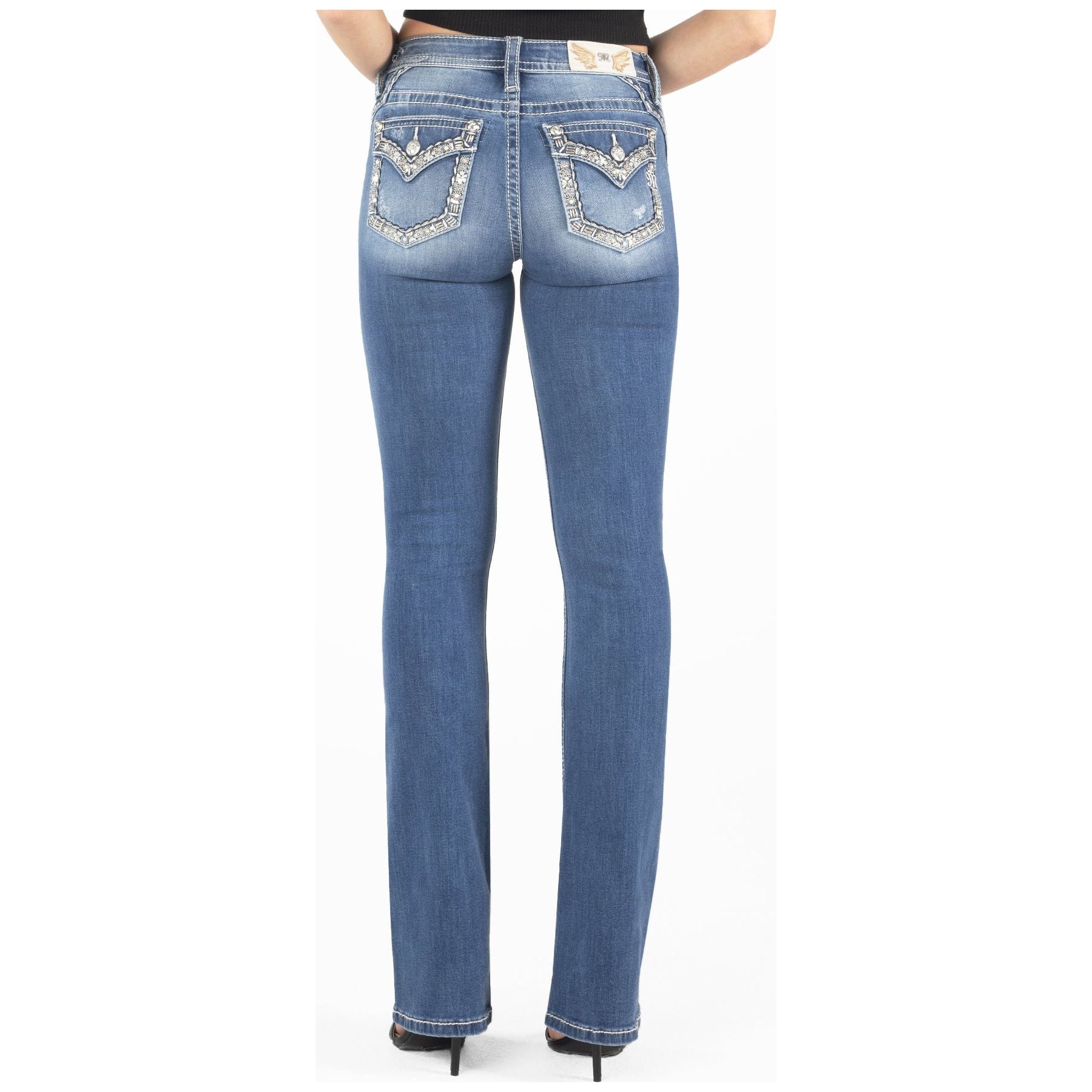 * Miss Me Ladies Jean, Bootcut - Gold Floral Stitch Border M9235B