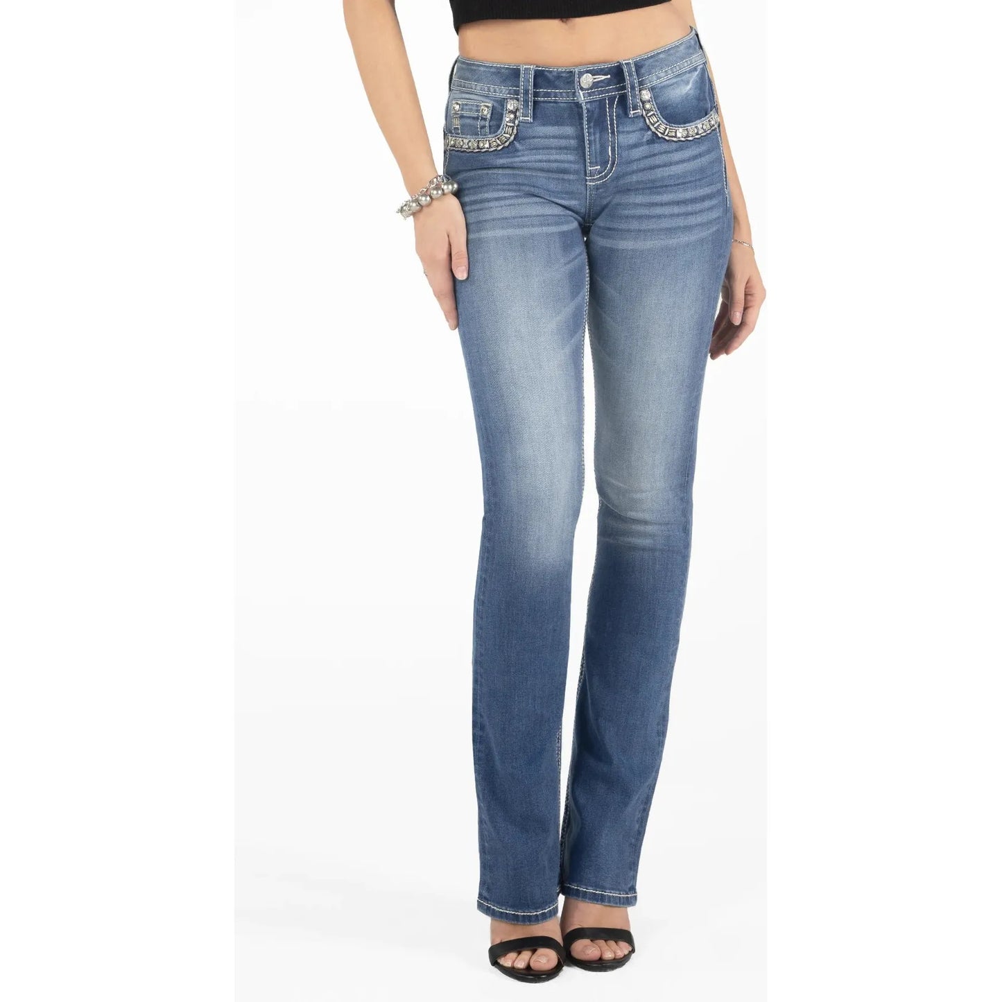 * Miss Me Ladies Jean, Bootcut - Gold Floral Stitch Border M9235B