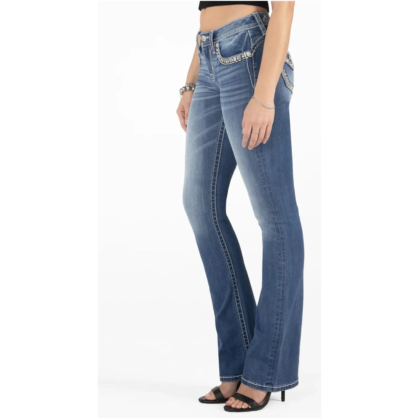* Miss Me Ladies Jean, Bootcut - Gold Floral Stitch Border M9235B