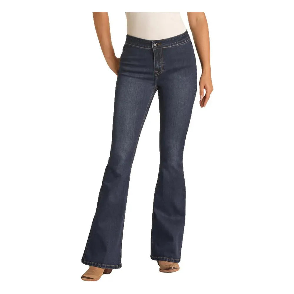 Rock & Roll Ladies Jean - Cowgirl Button Bargain Flare Extra Stretch, Dark Wash