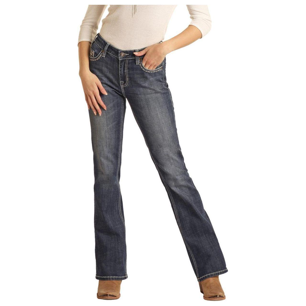 * Rock & Roll Denim Ladies Jean - Cow Skull Embroidered, Mid Rise, Bootcut BW4MD02968