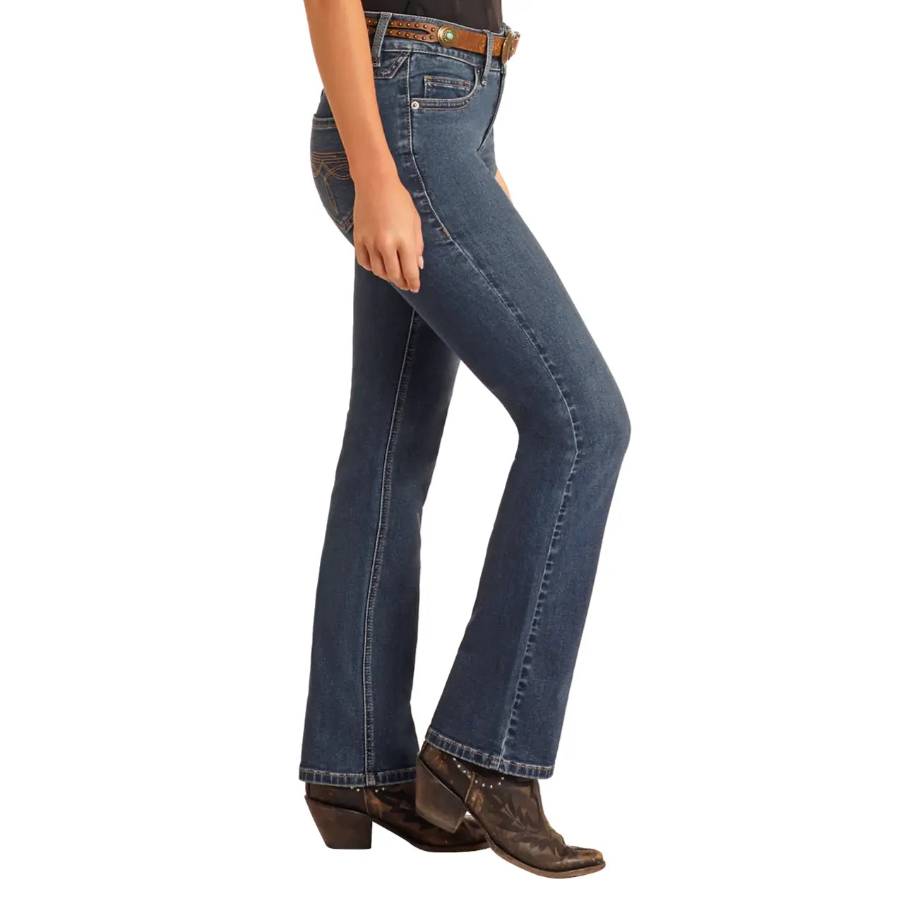 * Rock & Roll Ladies Jean, Boot-stitch Pocket, Med Wash, High Rise, Boot Cut BW4HD06384