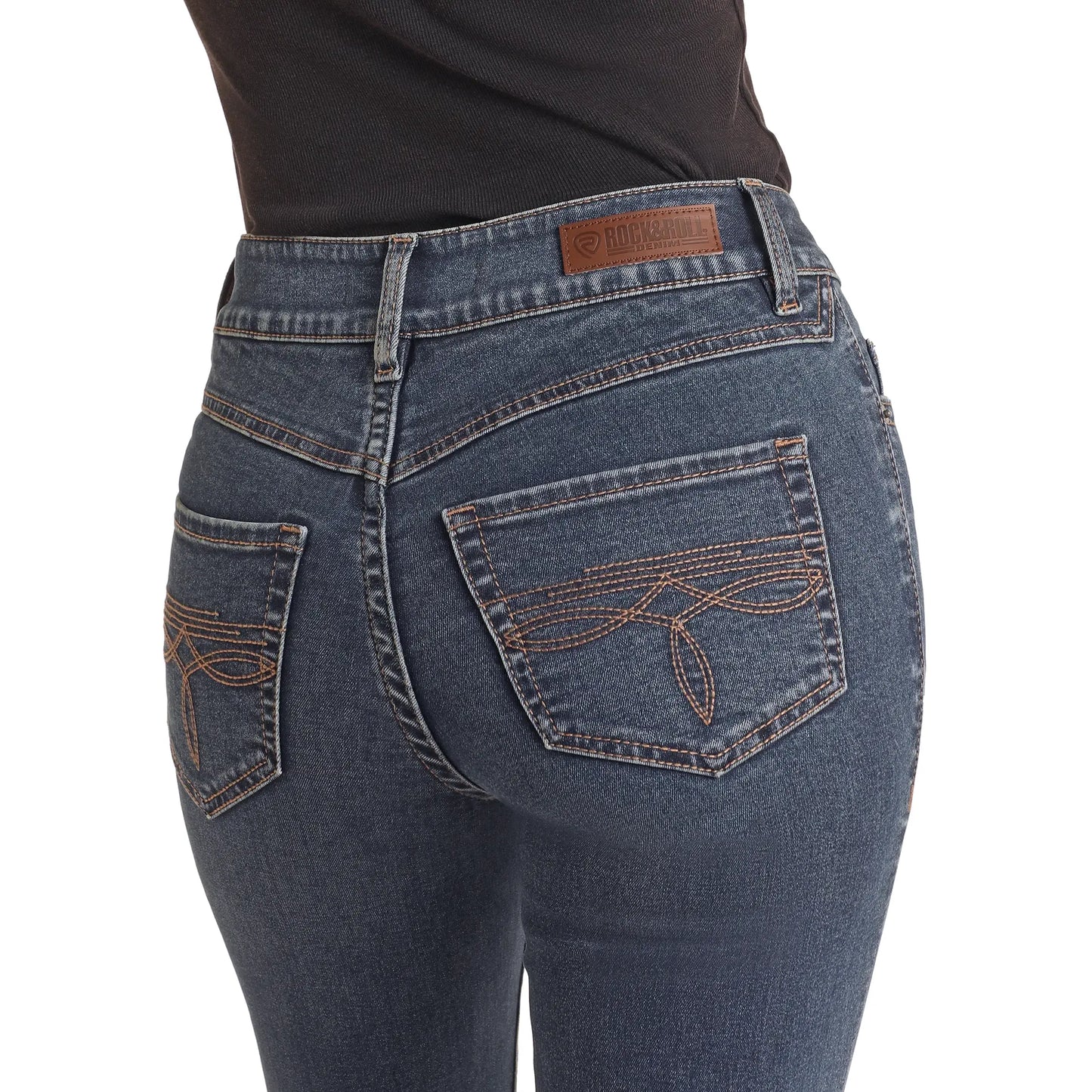 * Rock & Roll Ladies Jean, Boot-stitch Pocket, Med Wash, High Rise, Boot Cut BW4HD06384