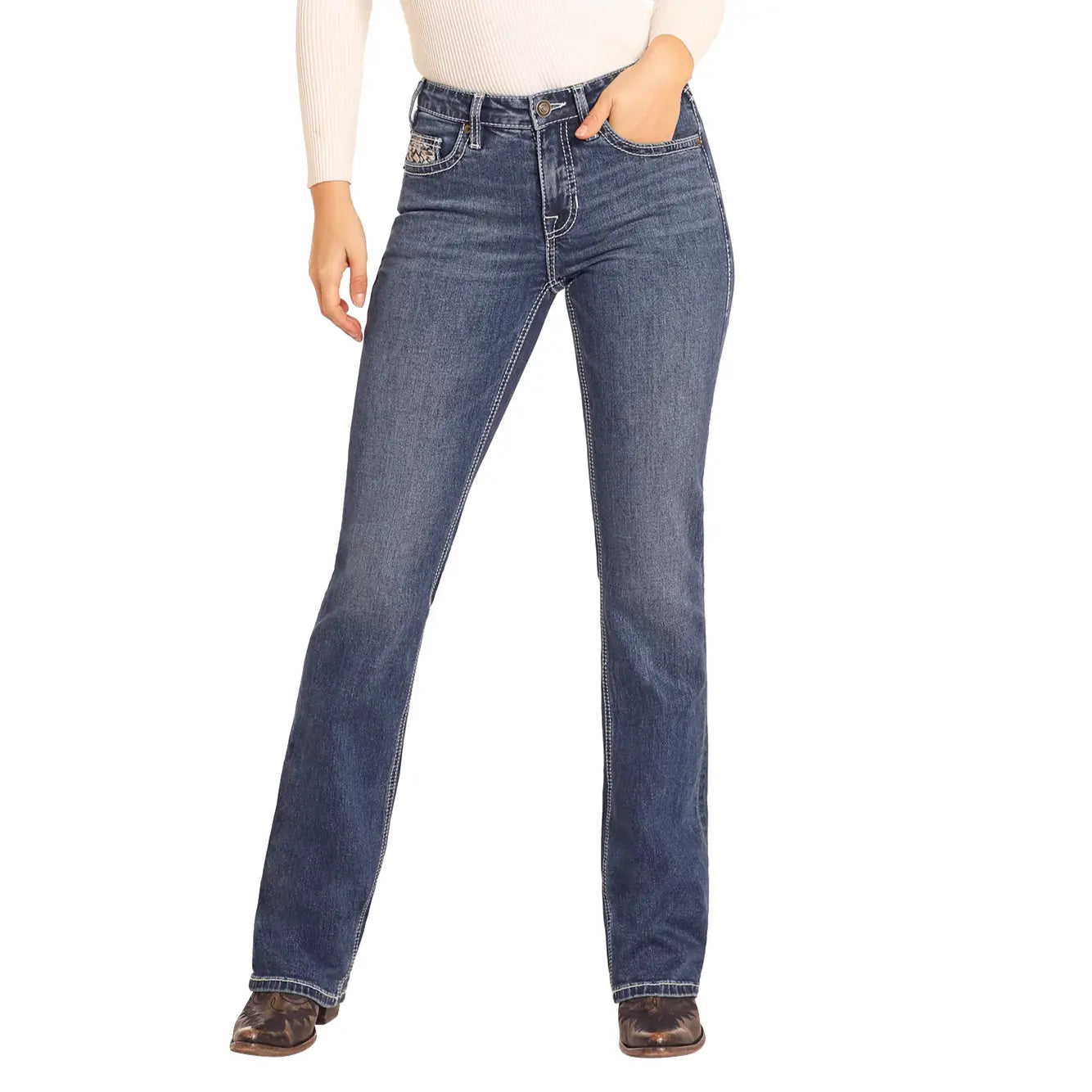 Rock & Roll Denim Ladies Jean - Aztec Pocket, Mid Rise, Med Wash, Bootcut BW4MD06378