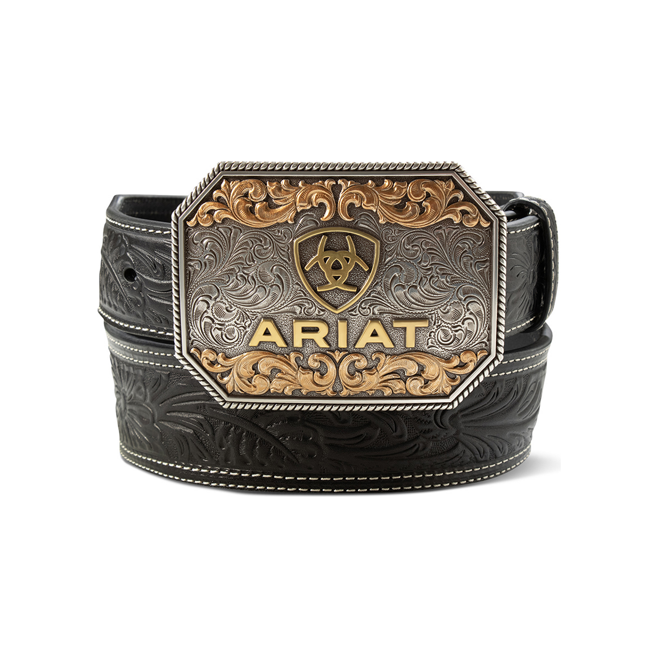 Ariat Men’s Leather Belt With Buckle, Black, Floral Tooled A1042201
