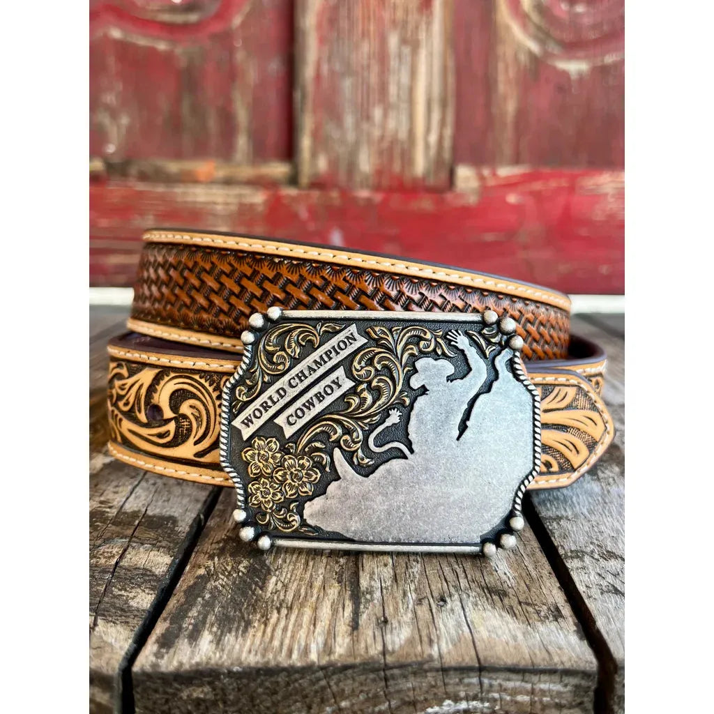 3D Belt Co. Youth Belt, Tooled Floral Ends & Basketweave Strap, w/ “World Champion Cowboy” Buckle D1200044221