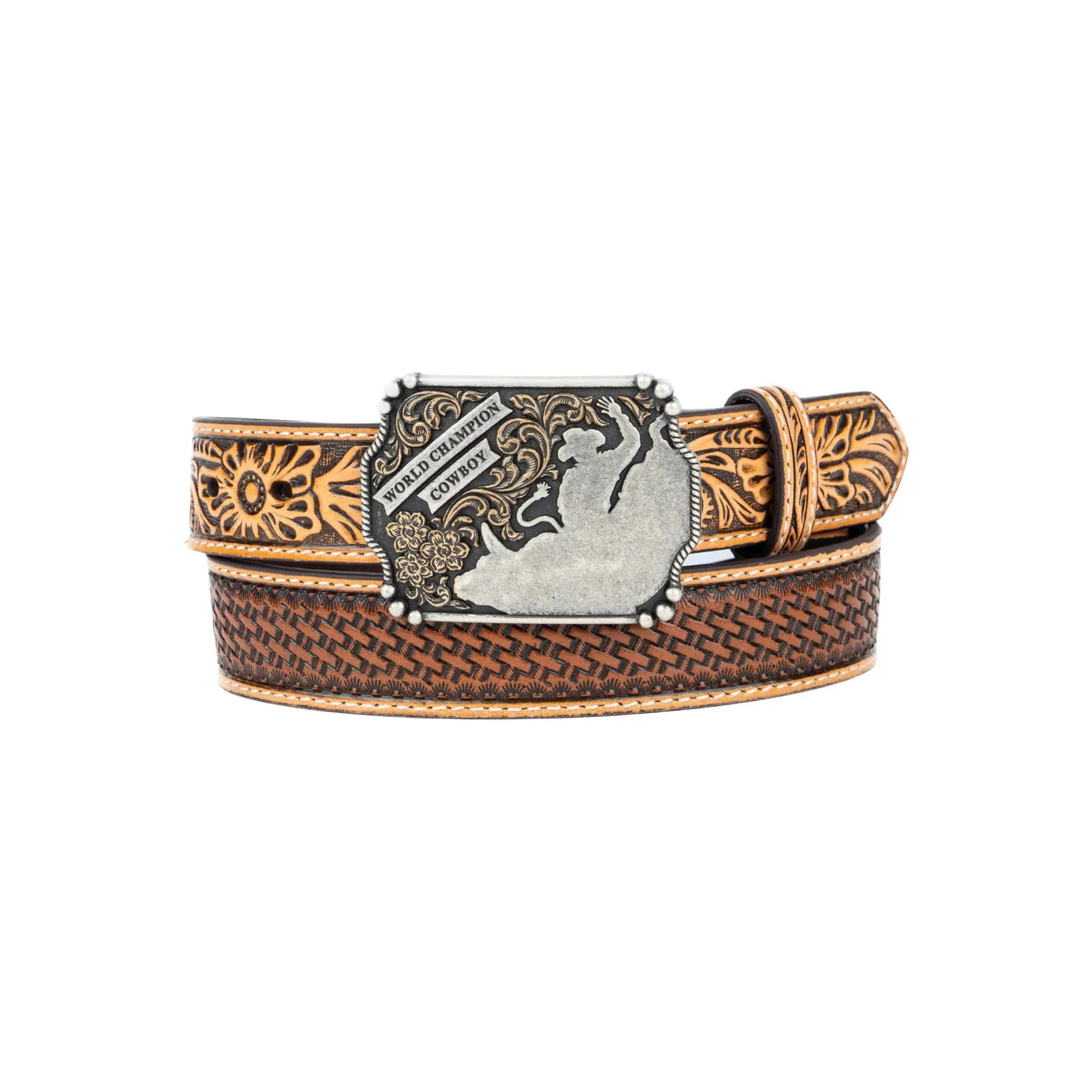 3D Belt Co. Youth Belt, Tooled Floral Ends & Basketweave Strap, w/ “World Champion Cowboy” Buckle D1200044221