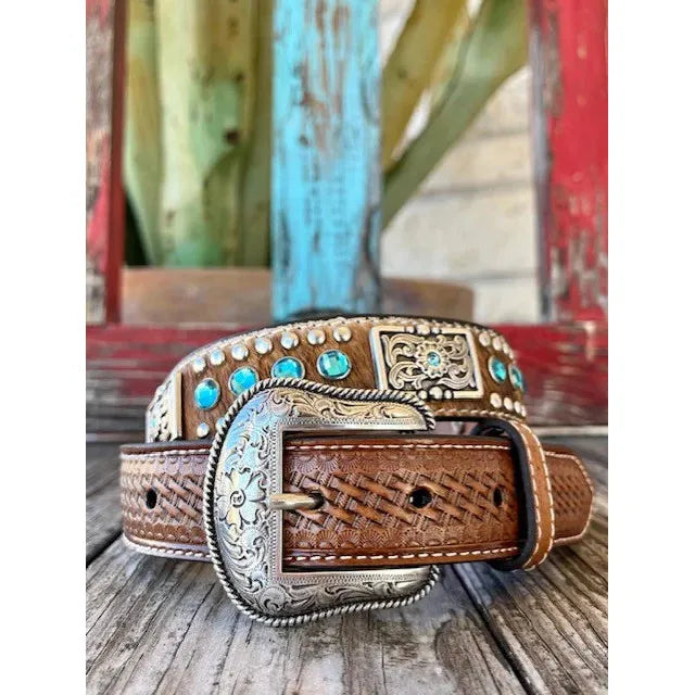 Nocona Youth Belt- Calf Hide, Blue Rhinestone, Concho, N4419302