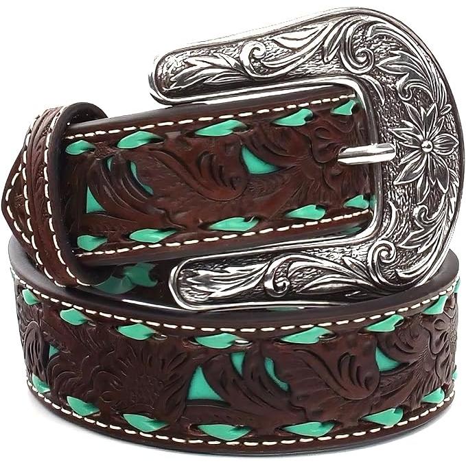 Nocona Kids Belt - Floral Tooled Leather, Turquoise Inlay & Lacing, N4439608