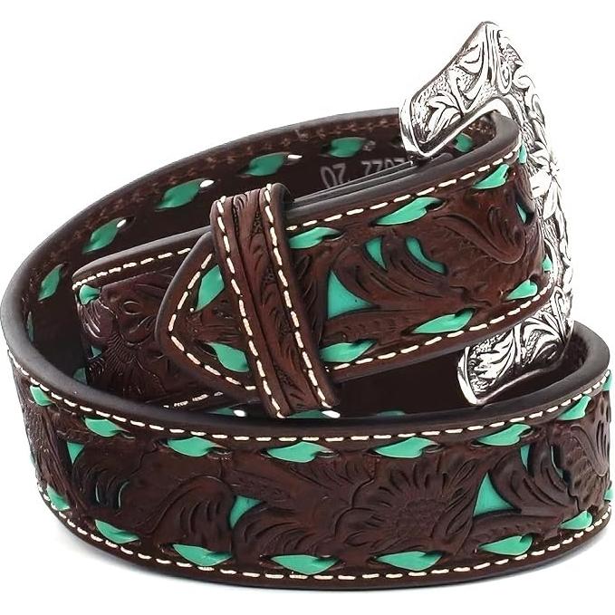 Nocona Kids Belt - Floral Tooled Leather, Turquoise Inlay & Lacing, N4439608