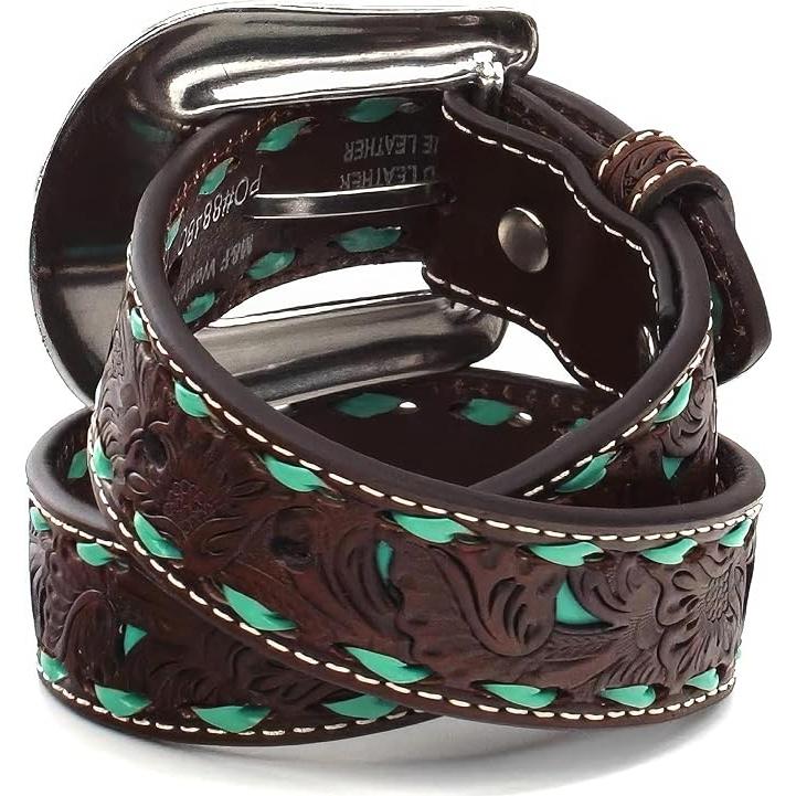 Nocona Kids Belt - Floral Tooled Leather, Turquoise Inlay & Lacing, N4439608