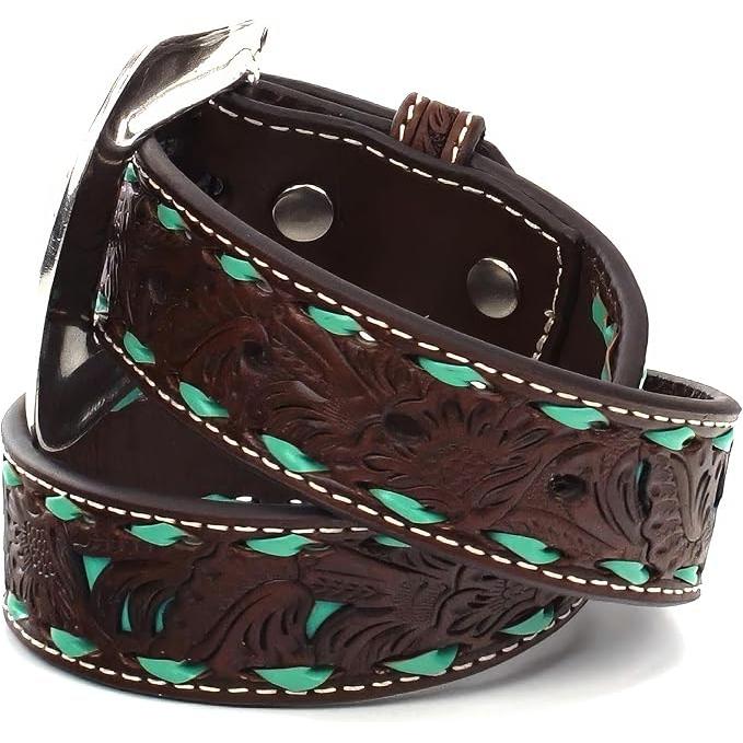 Nocona Kids Belt - Floral Tooled Leather, Turquoise Inlay & Lacing, N4439608