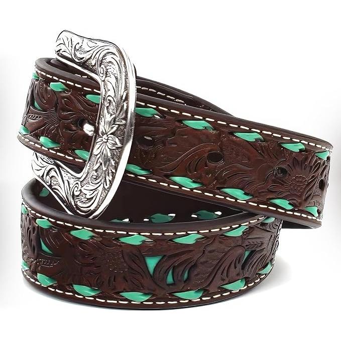 Nocona Kids Belt - Floral Tooled Leather, Turquoise Inlay & Lacing, N4439608