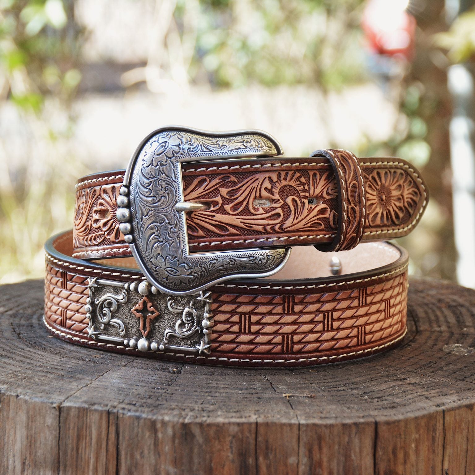 3D Belt Men's Belt Tooled Leather w/ Rectangle Cross Concho