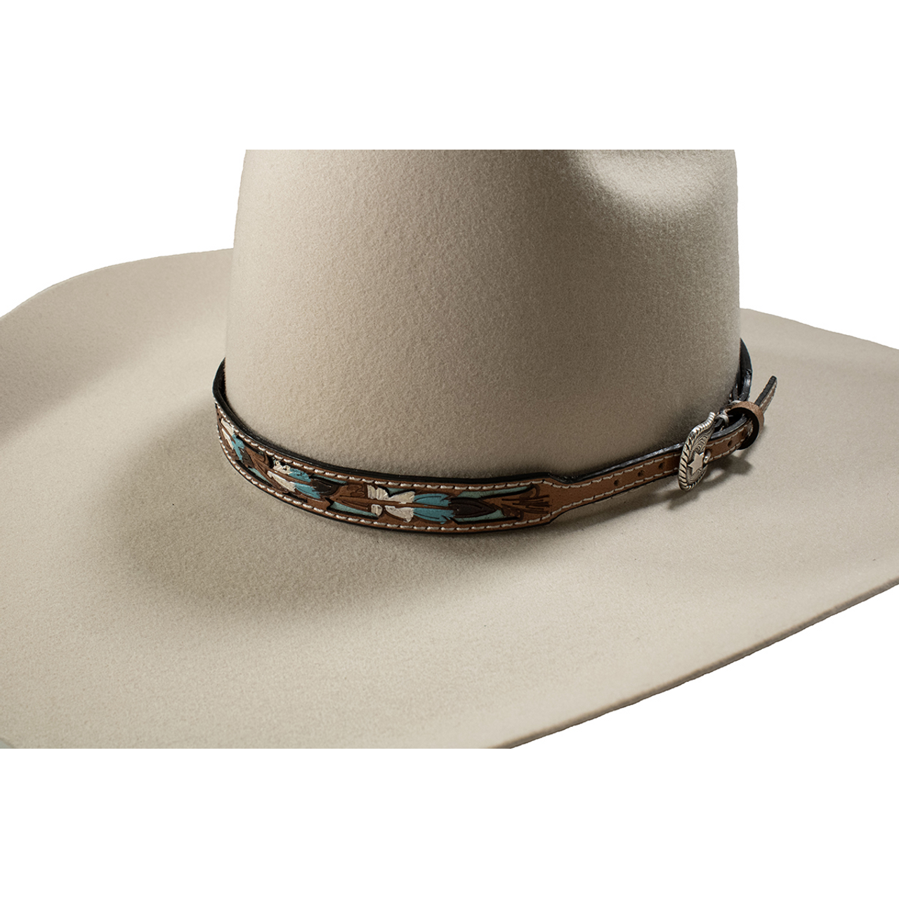 Twister Hat Band - Tooled Feather, Inlay Turquoise 0281308