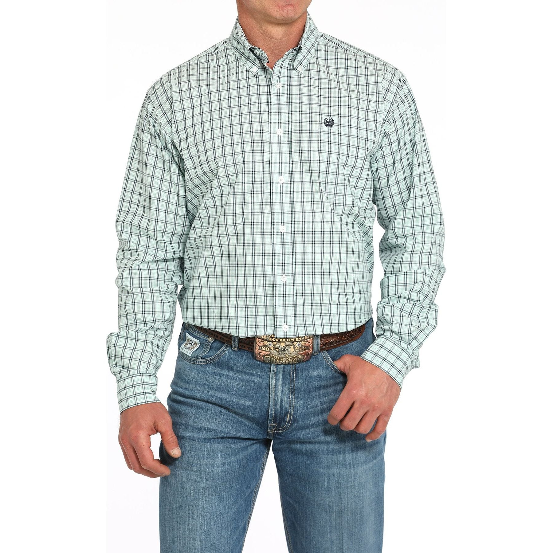 CINCH - Men LONG SLEEVE BUTTON-DOWN SHIRT, Turquoise Plaid MTW1105931