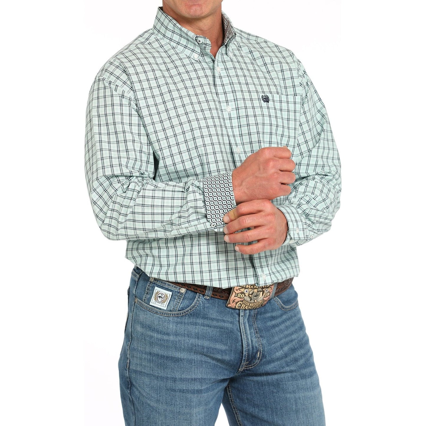 CINCH - Men LONG SLEEVE BUTTON-DOWN SHIRT, Turquoise Plaid MTW1105931