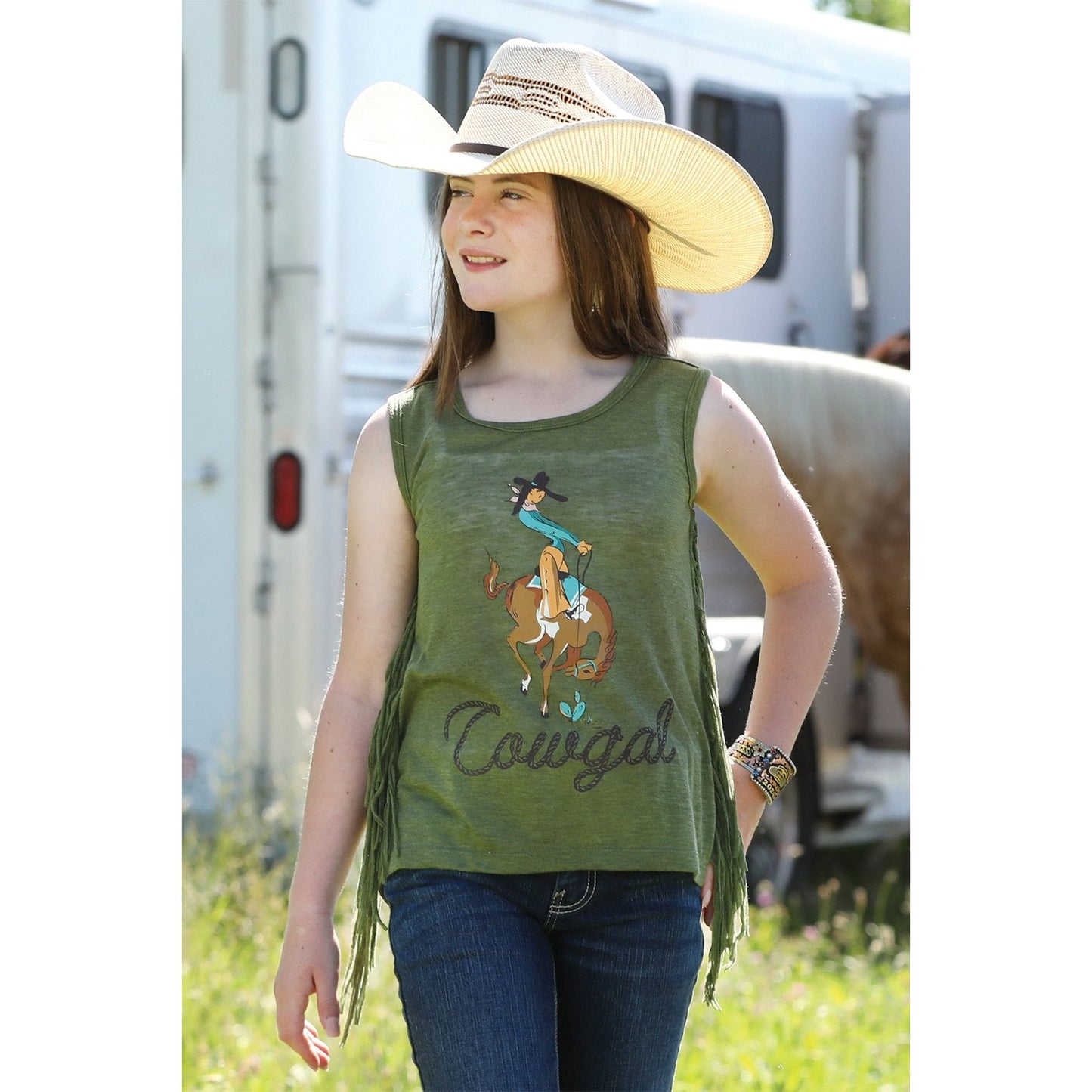 Cruel Denim Girl's Sleeve Tank Fringe Olive- CTK3970006