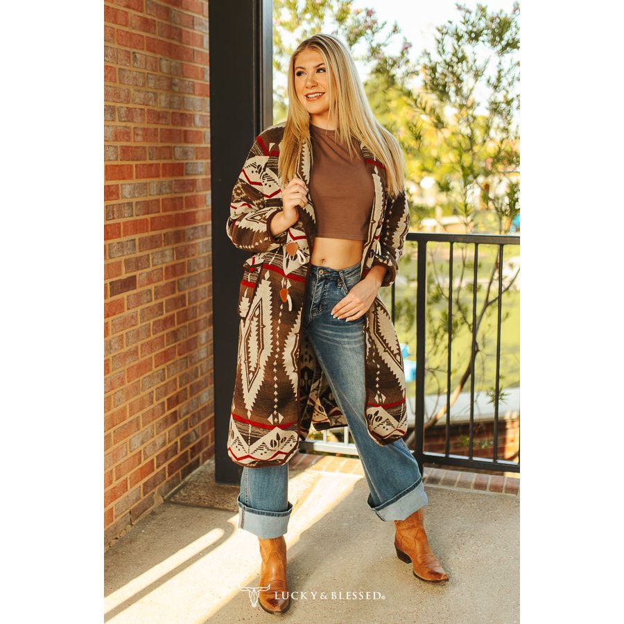 MOCHA AZTEC WOOL LONG COAT