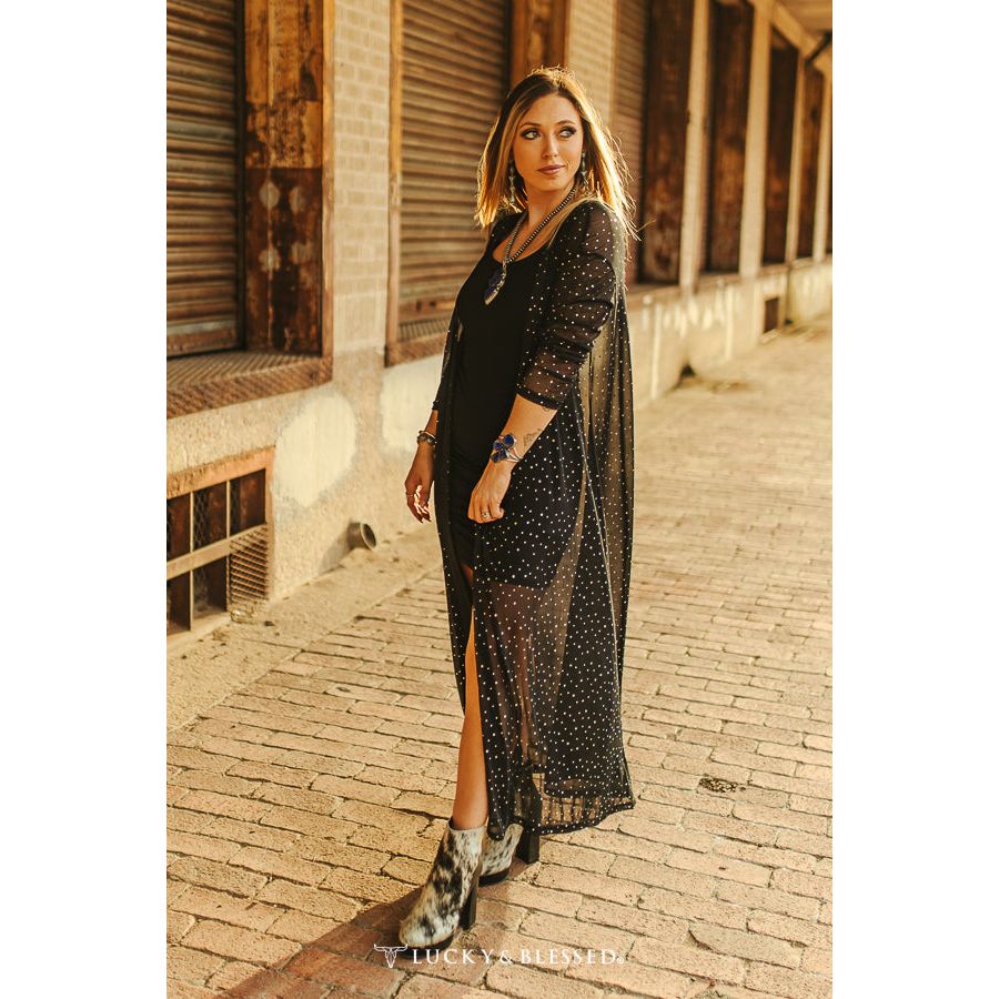 BLACK RHINESTONEMESH HI LOW LONG SLEEVE KIMONO