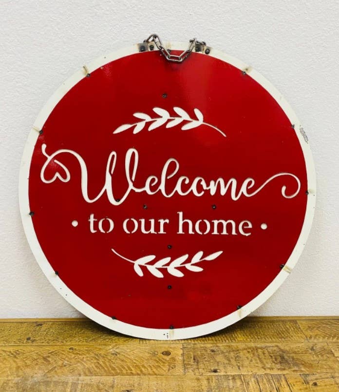 Rustic Farm - Round Metal Wall Sign, Welcome To Our Home (OOS) - 8.8