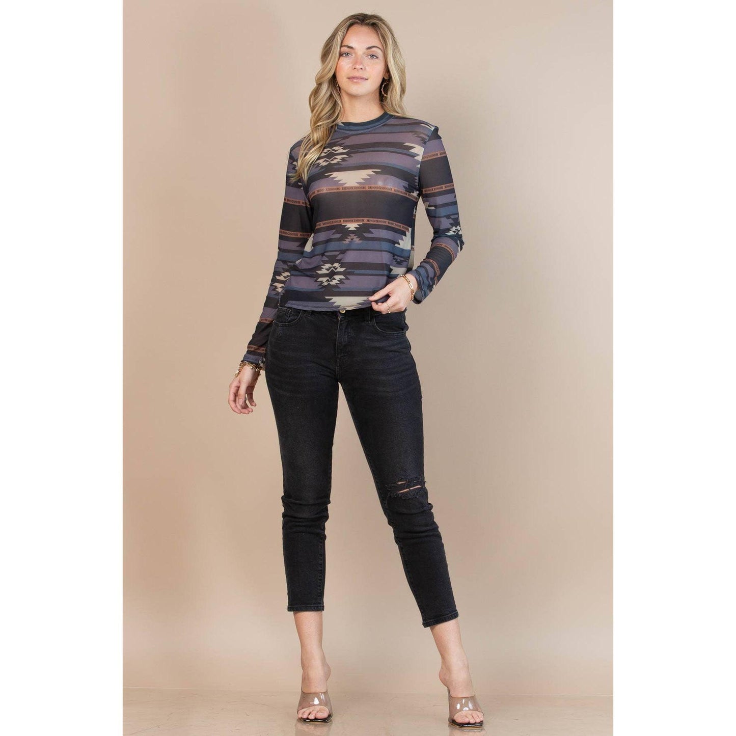 Nylon Apparel - T1502-3569-Tribal Western Print Mock Neck Long Sleeves Top