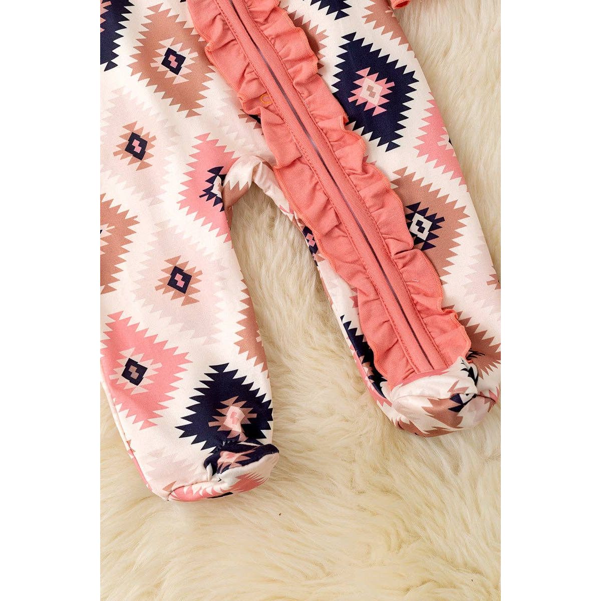 Pink aztec printed baby bodysuit w ruffle trim. RPG53246 SOL