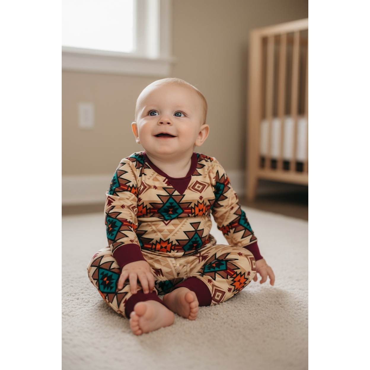 Aztec printed boys pajamas with burgundy trim.
