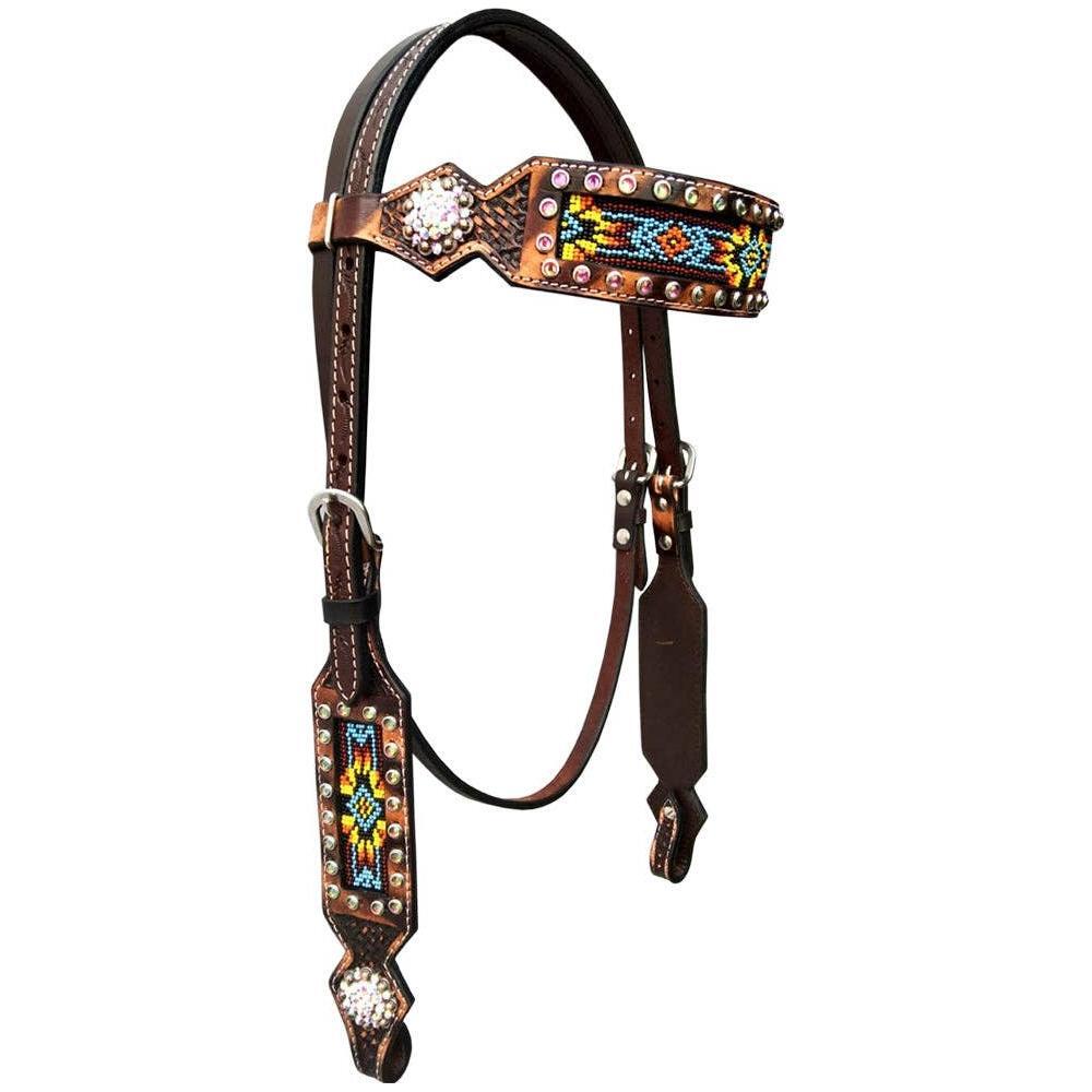 BarH Tack - Genuine Quality Beaded Bright Horse Western Fashion Premium Leather Headstall Dark Brown