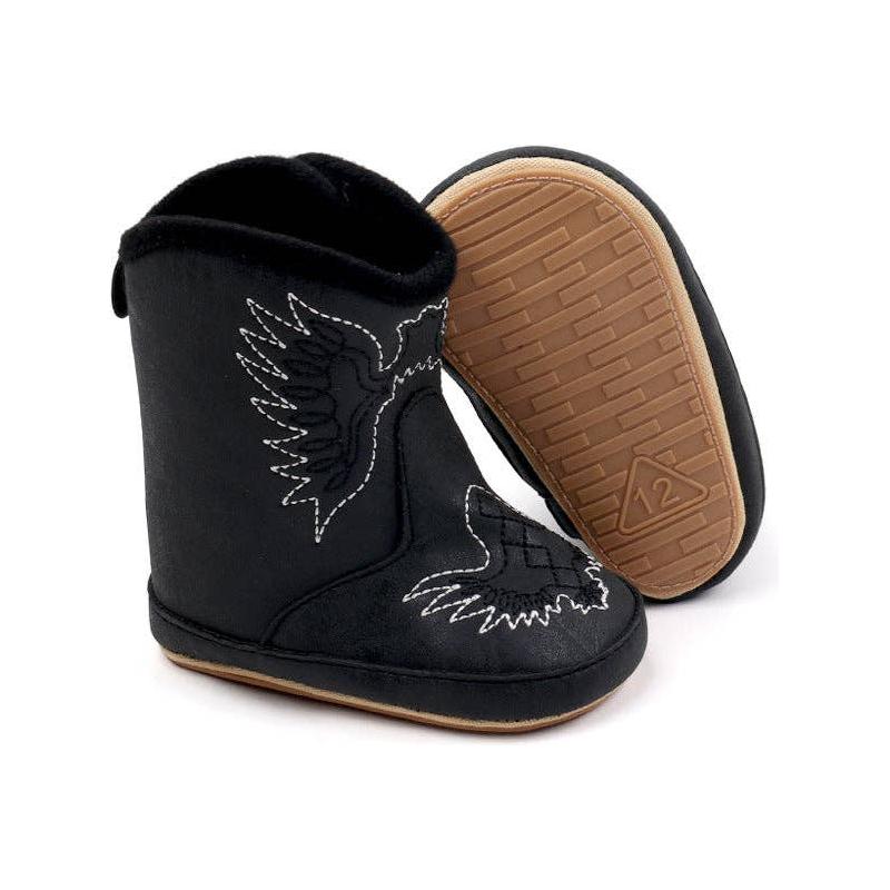 Black pleather baby boots with velcro