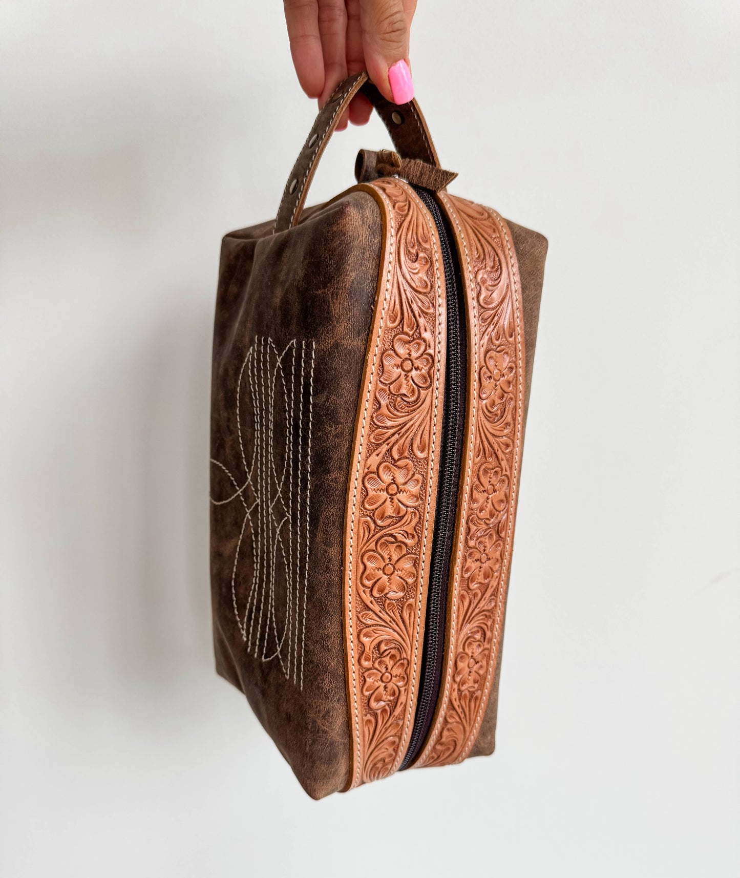 Boot Stitch Handtooled Leather Toiletry Makeup Shaving Bag