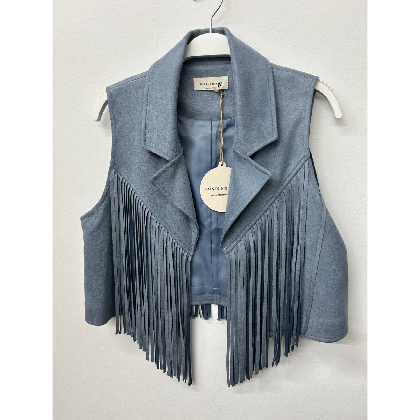 SIJ5242A DENIM BLUE CONTRAST SUEDE FRINGE COLLARED VEST