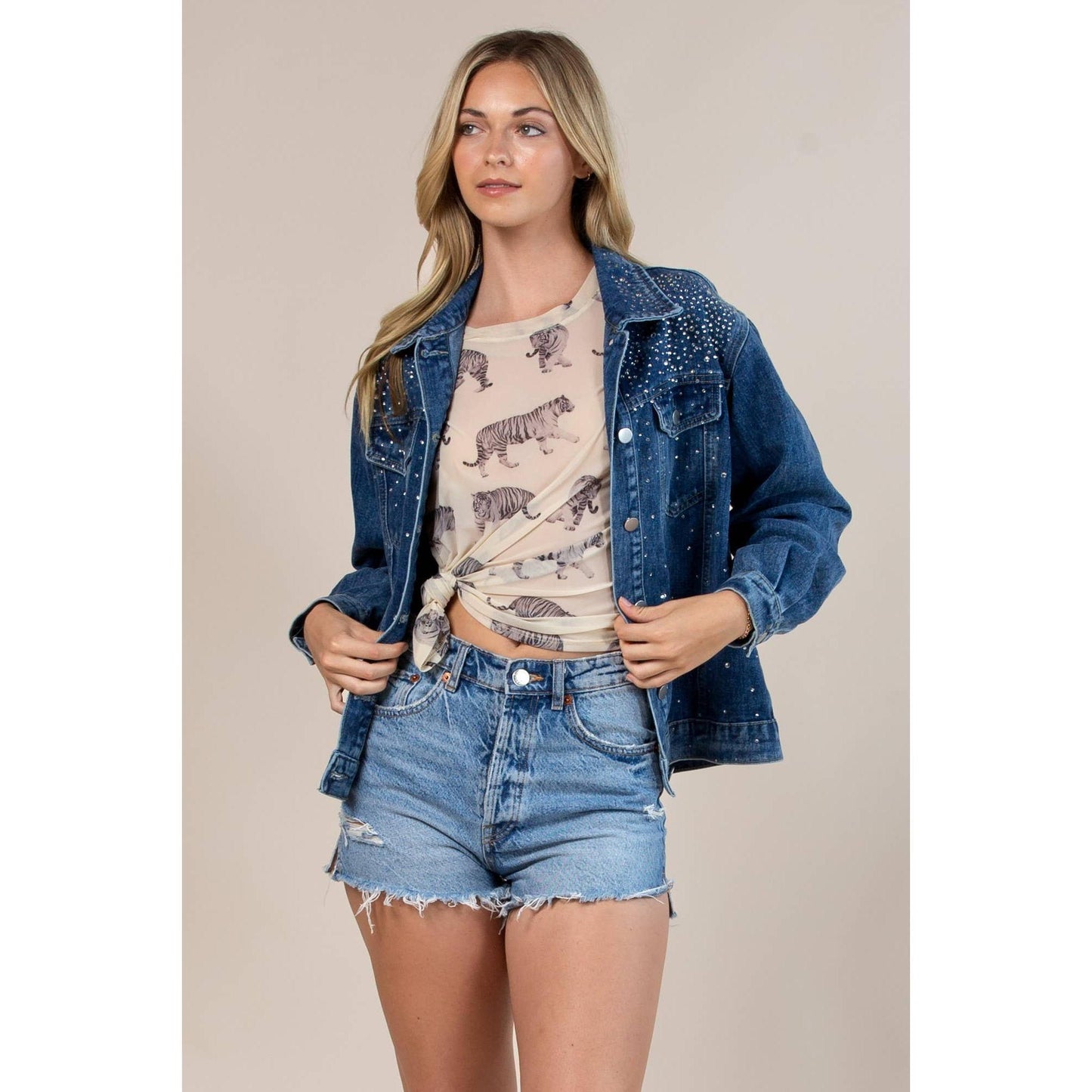 Nylon Apparel - 63003-Denim Rhinestones Collared Jacket