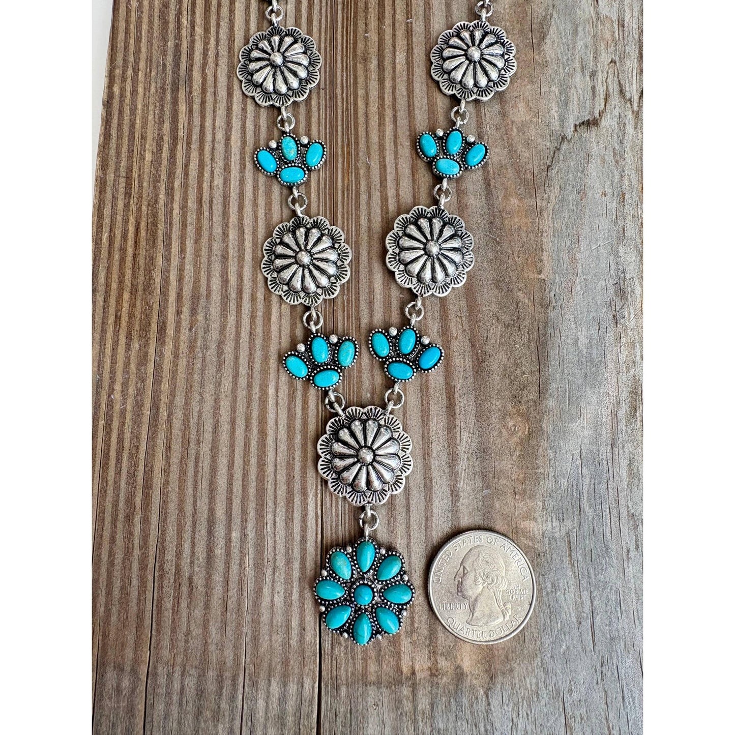 Boho Ranch Shop - Western Round Concho & Turquoise Stone Paw Y Drop Necklace
