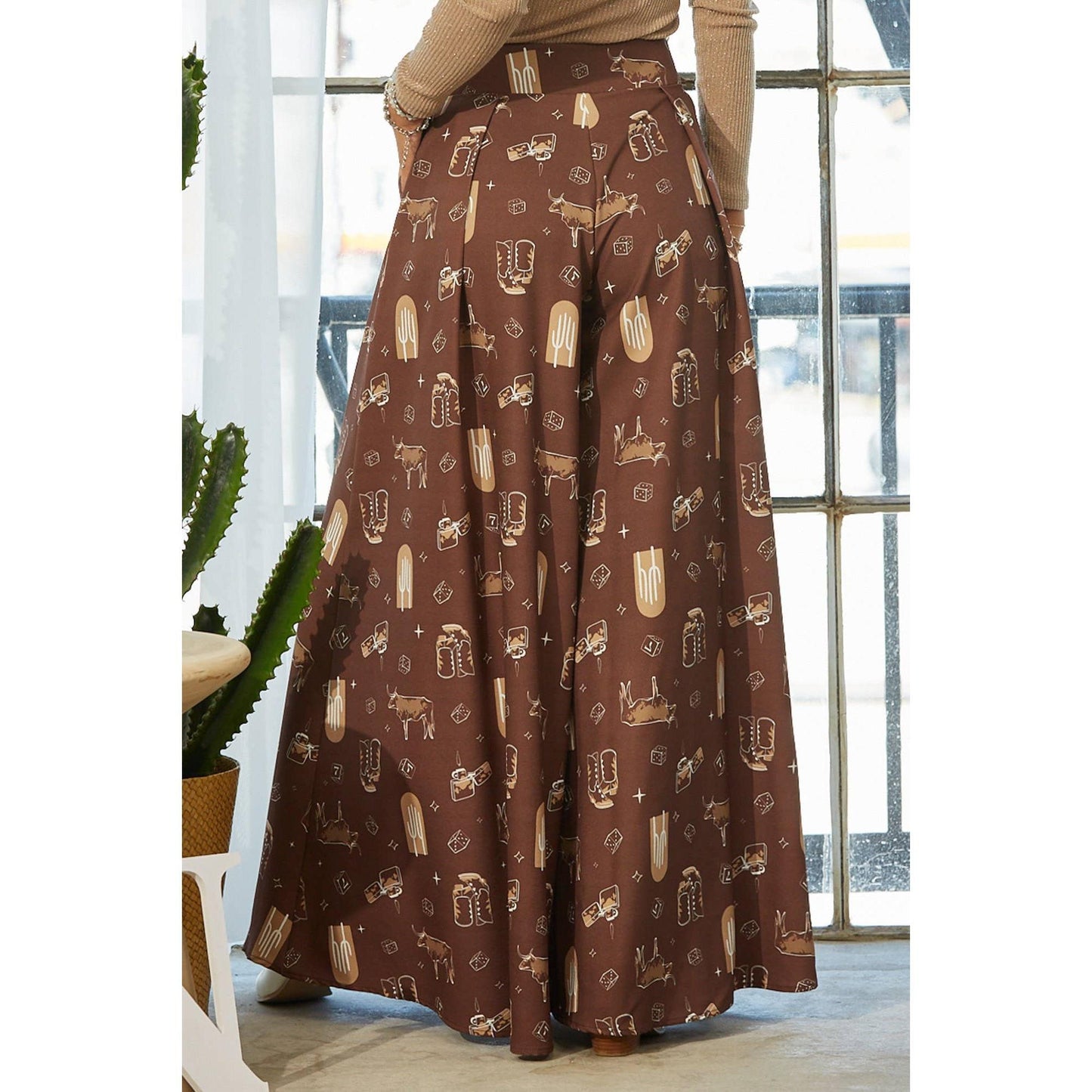 Nylon Apparel - P919-4663-Western Farm Fabric Flare Wide Leg Palazzo Pants