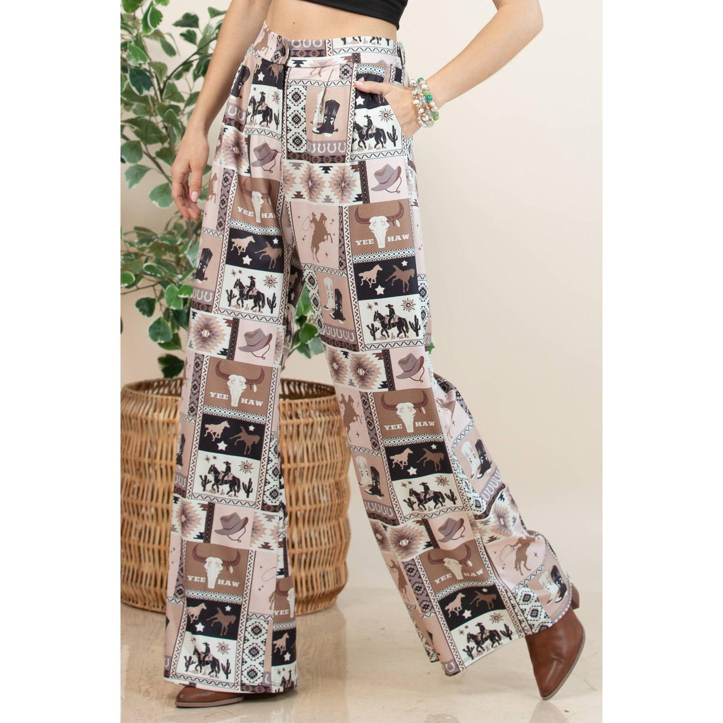 Nylon Apparel - P1261-6274-Nora Western Patch Collage Print Slack Pants