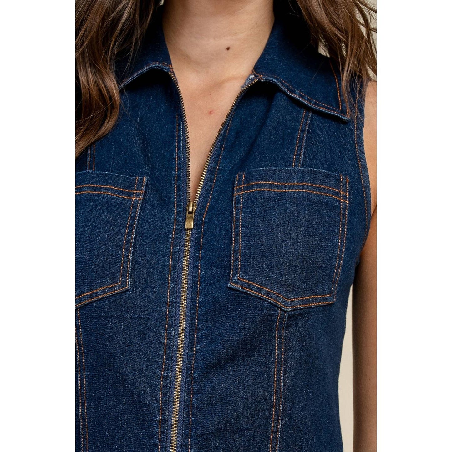 Denim FITTE,D SLEEVE LESS, COLLAR MIDI DRESS BD13375N
