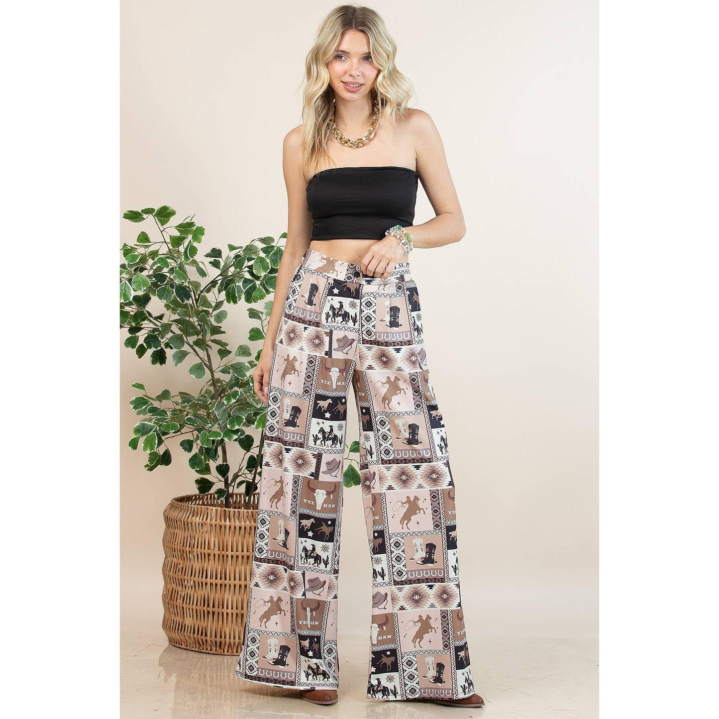 Nylon Apparel - P1261-6274-Nora Western Patch Collage Print Slack Pants