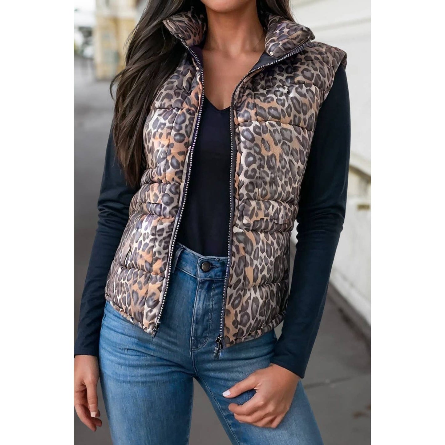 Leopard Quilted Full Zipper Casual Puff Vest