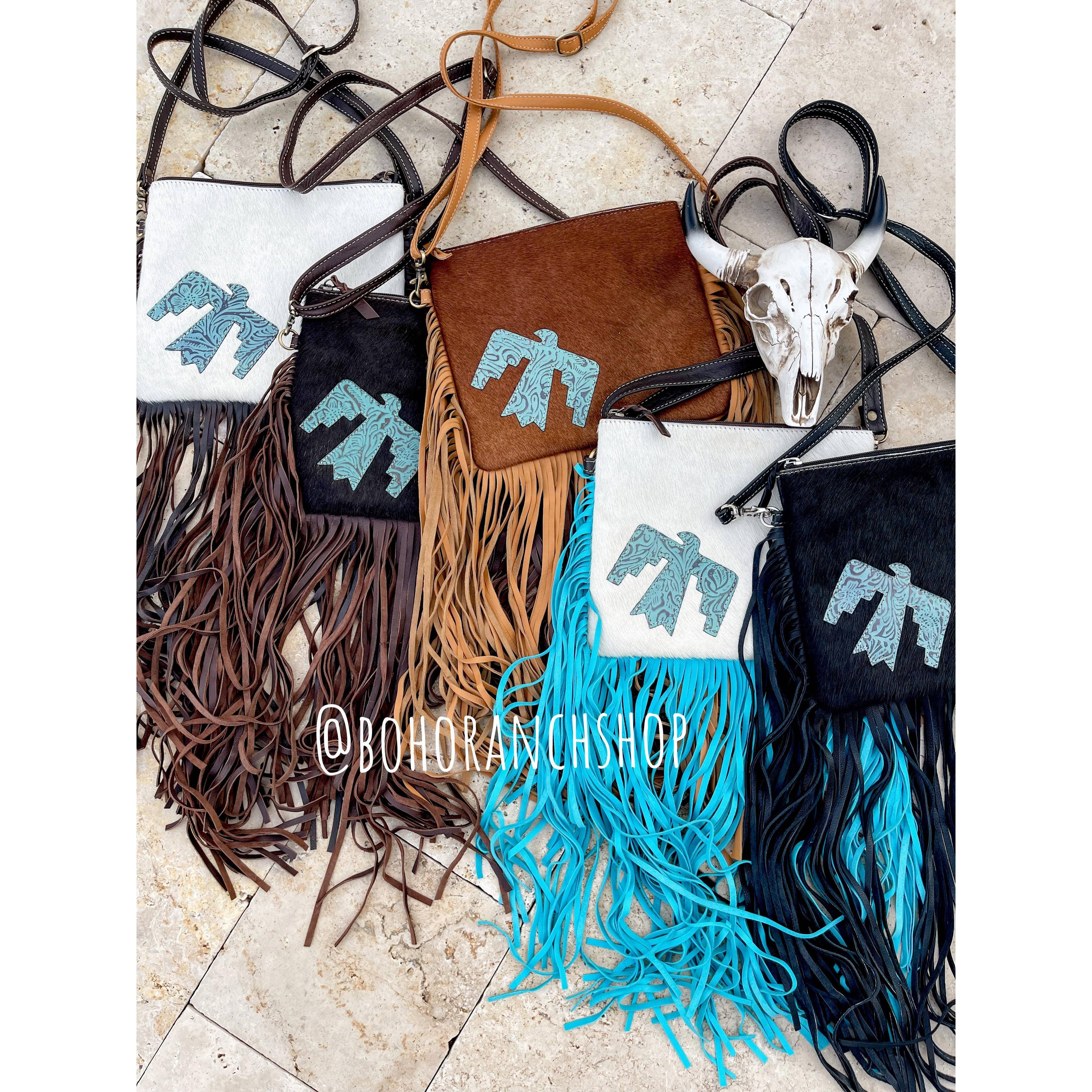 Boho Ranch Shop - THUNDERBIRD COWHIDE CROSSBODY tooled Leather Cowhide Clutch