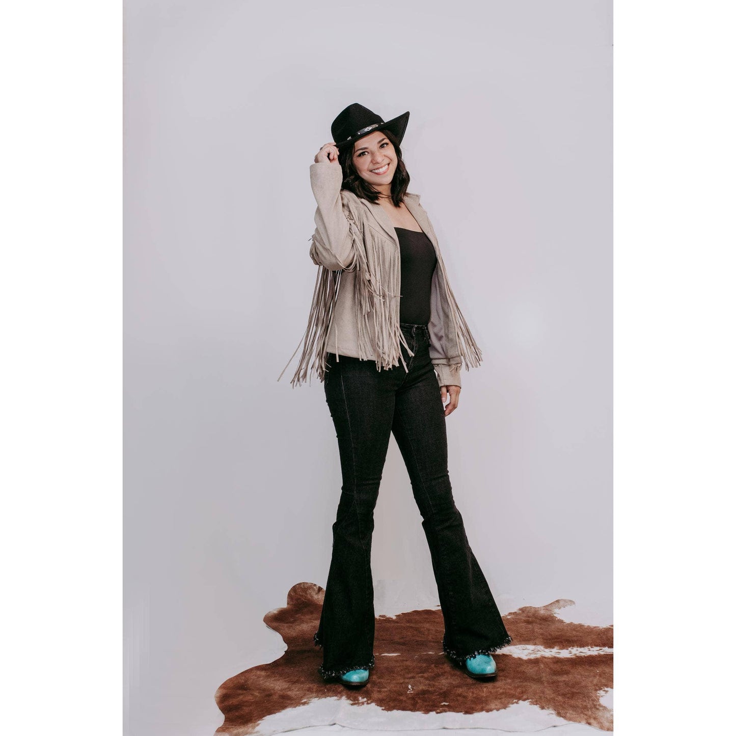 Merigold Kiss - MK208 Deluxe Rhinestone Fringe Vegan Suede Jacket -Taupe